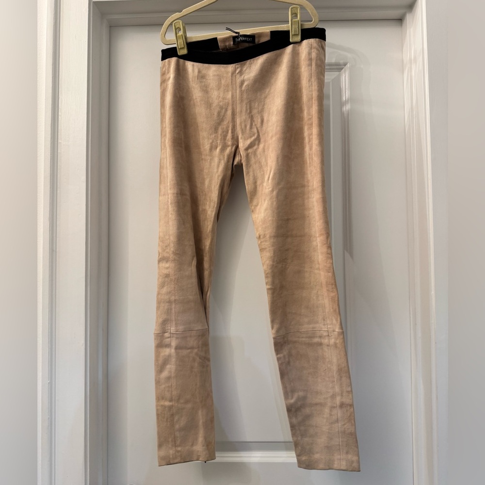 100% Leather Suede Beige Pants with Zipper at Ankles
